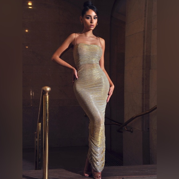 The Glint Gold Ruched Chiffon Long Maxi Dress - Picture 5 of 8